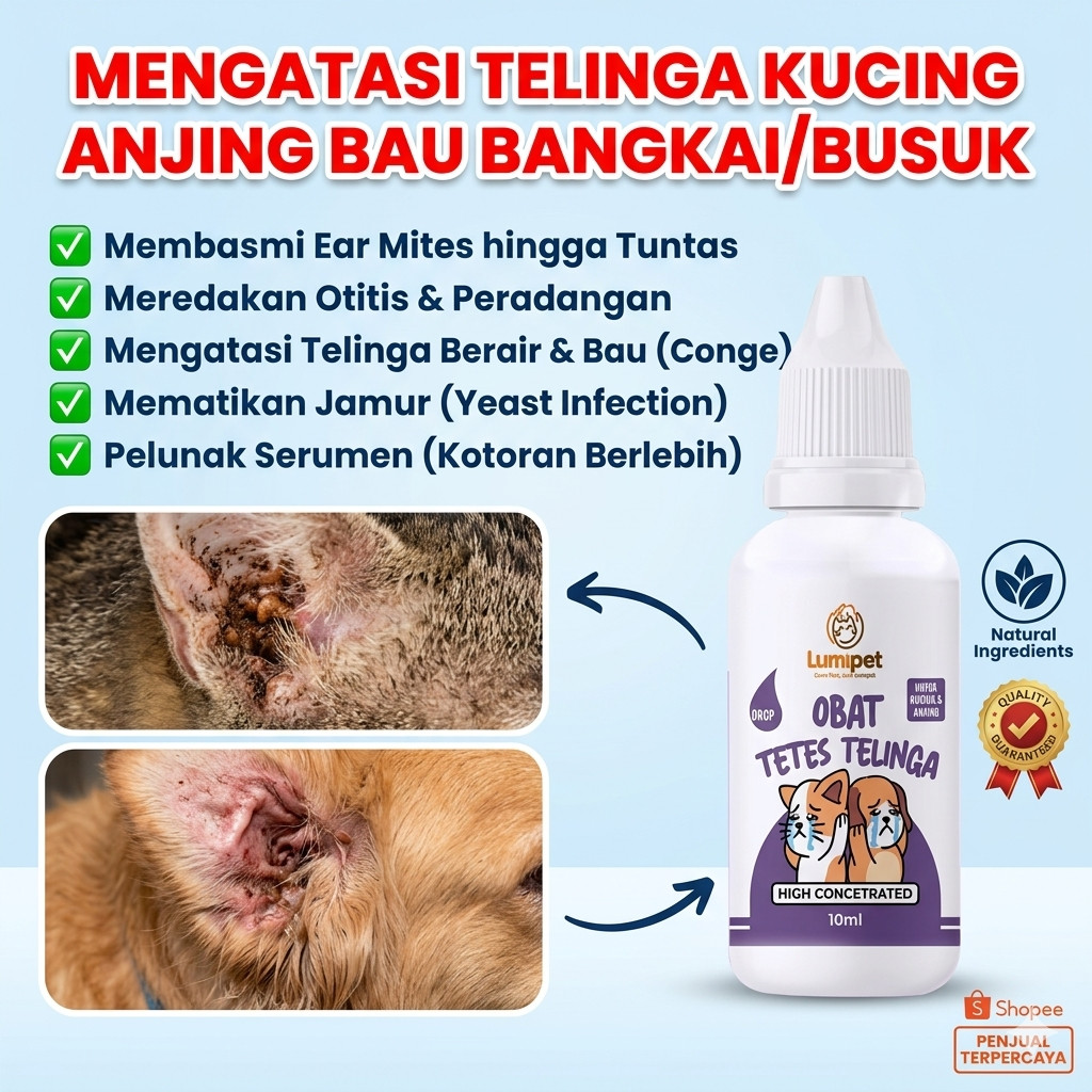 Obat Tetes Telinga Kucing Anjing Infeksi Kuping Berair Bernanah Bau & Gatal Pembersih Kutu Telinga E