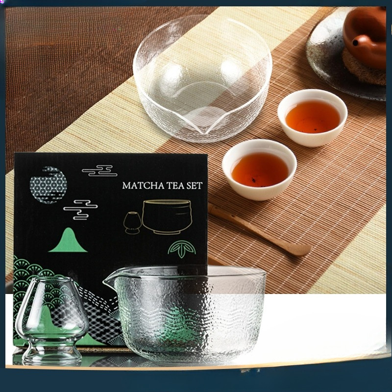 Paket Glass Chawan Matcha Bowl Chawan Kaca Chawan Mixing Matcha Bowl Set Mangkuk Teh Hijau Spout Cup