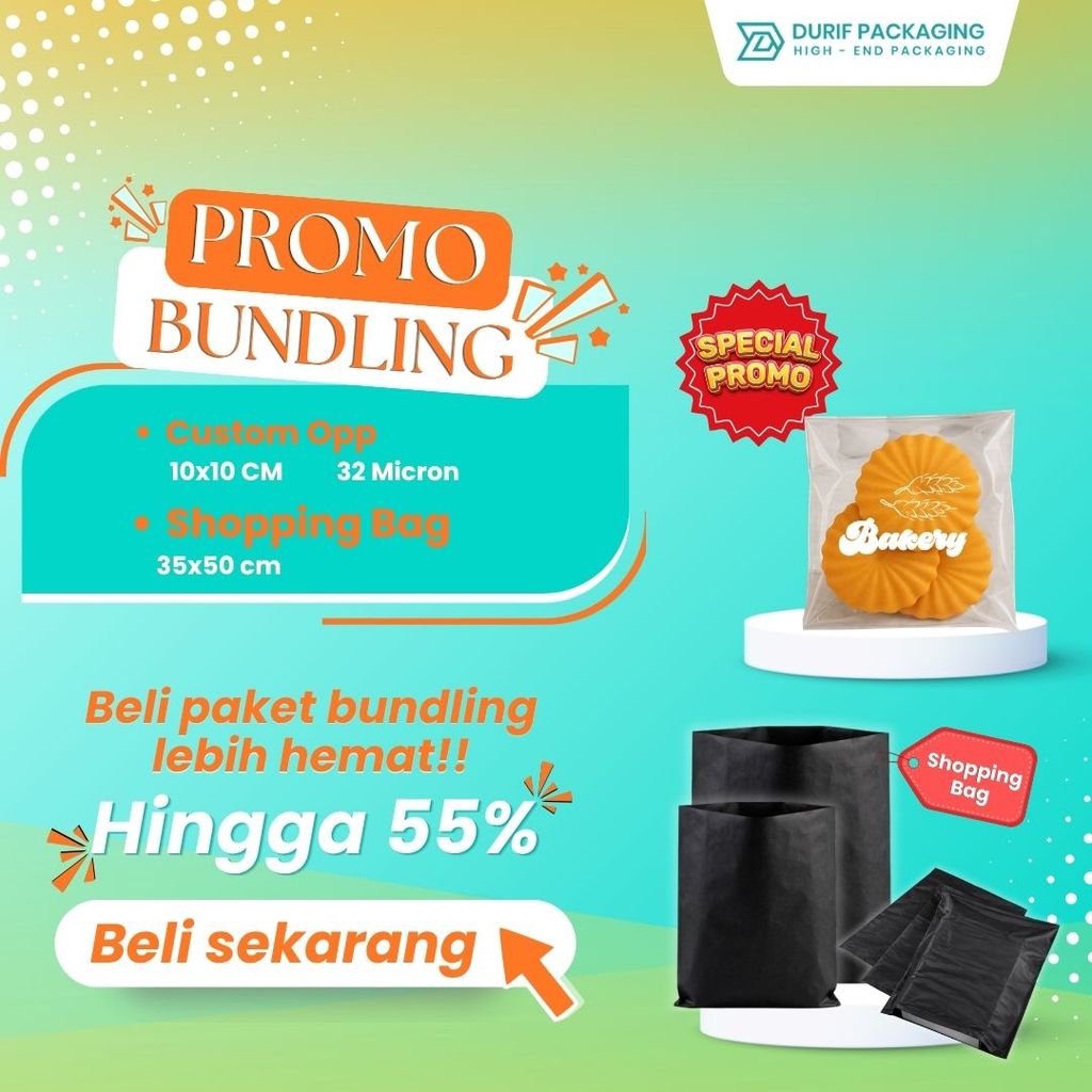 BUNDLING HEMAT Custom Sablon Opp 10x12 32 Micron + Shopping bag Hitam 25 x 35 (100 PCS) Ketebalan 50