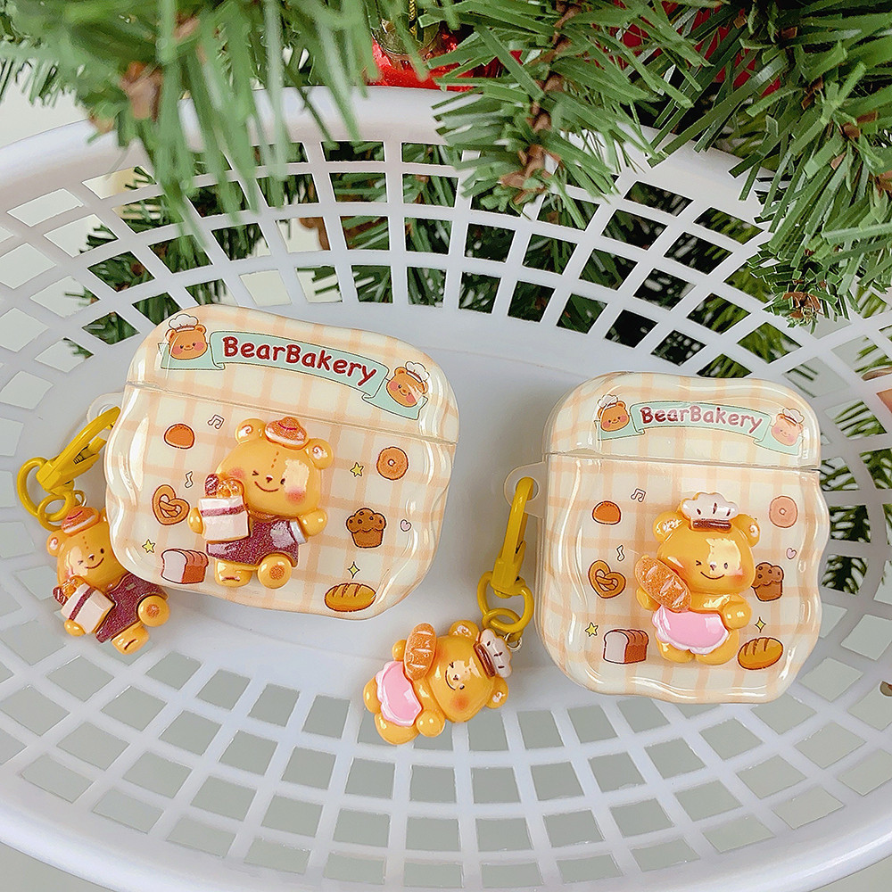 Cute 3D Bear Bakery AirPods Case, With Bear Keychain, Wavy Edge Full Protection Shockproof Cover for