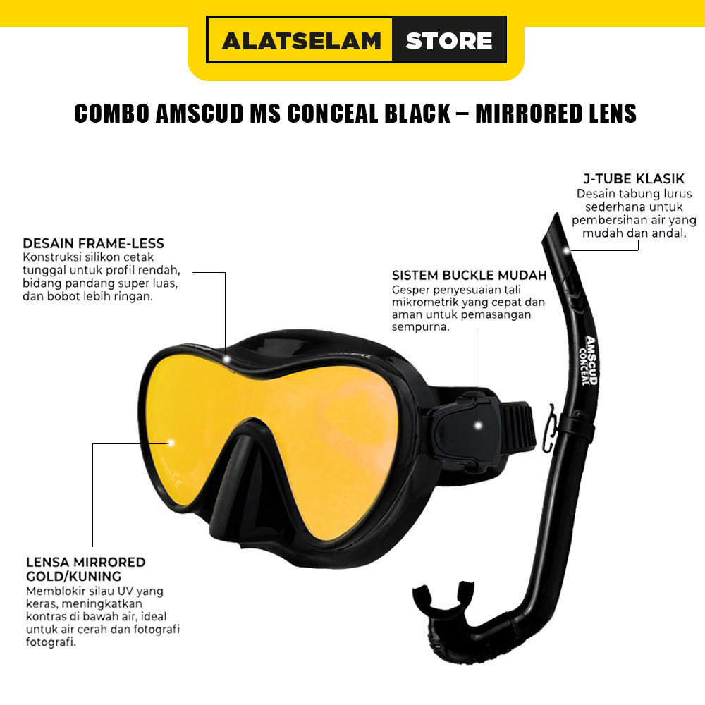 Combo AmScuD MS Conceal BLACK – MIRRORED Lens  Dry Snorkel / Kacamata Selam Snorkling Diving / Kacam
