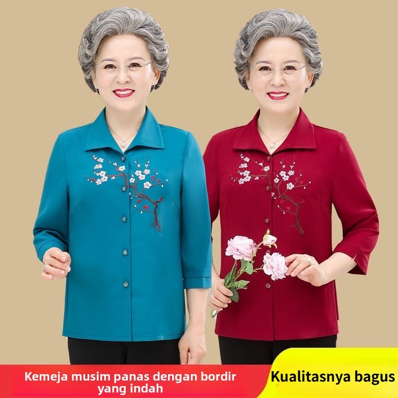 Gaun musim panas nenek, gaun lengan tujuh perempat, gaun ibu tua