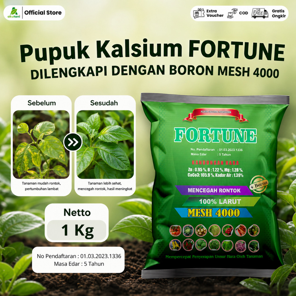 MURAH CEPAT SUBUR ANTI LAYU Fortune Kalsium Aktif Plus Boron 1 Kg MESH 4000 Mencegah Rontok Memperce