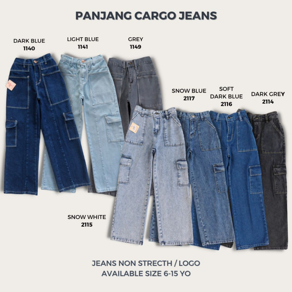 RAF Celana Cargo Jeans Panjang Anak Perempuan Tanggung usia 6 7 8 9 10 11 12 13 14 15 Tahun Nomenaki
