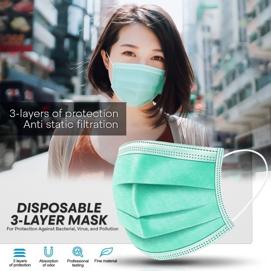 GROSIR Masker 3 ply 3ply isi 50 Green Edition HIJAU BIRU PUTIH Earloop Medis Grade FDA