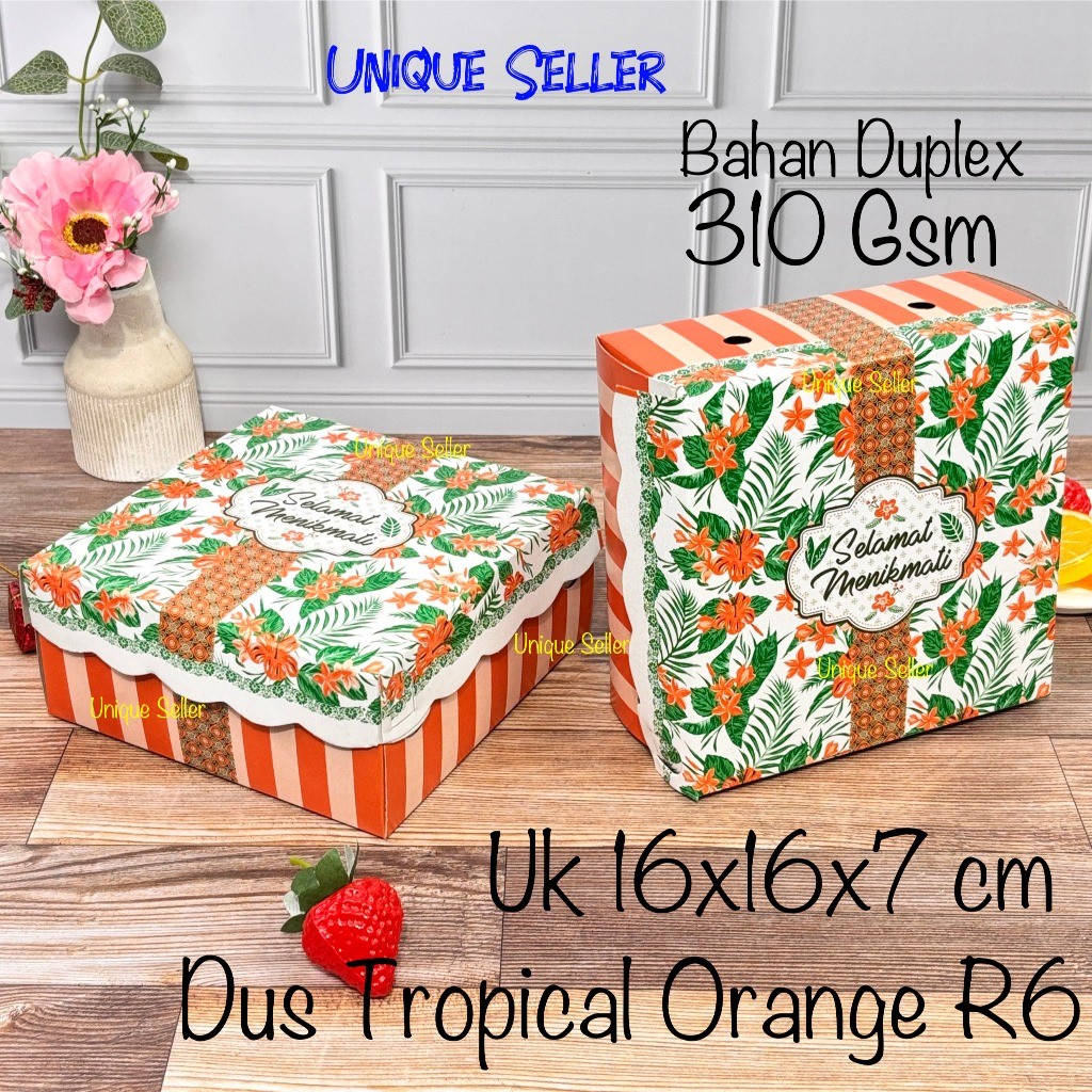 Isi10 Dus Nasi Kue Roti 16x16x7 cm R6 Motif TROPICAL ORANGE DUPLEX Renda Dus Box Kotak Cake Puding N