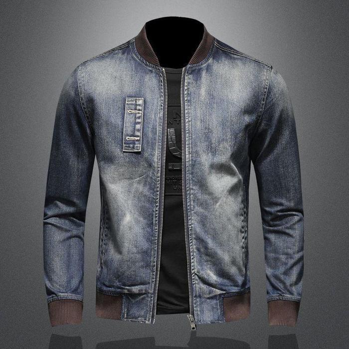 MAMIMA-jaket jeans pria model boomber bahan denim kerah rip polosan resleting santai atasan cowok - 