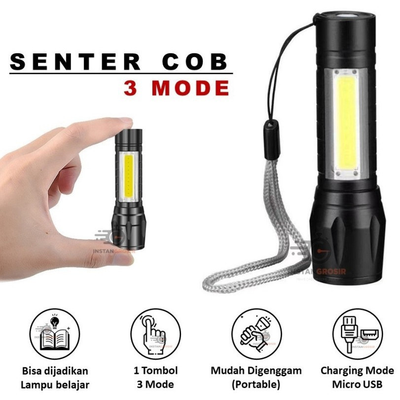 (SB)  Senter Mini Zoom Senter Police LED COB Cahaya Terang Recharger