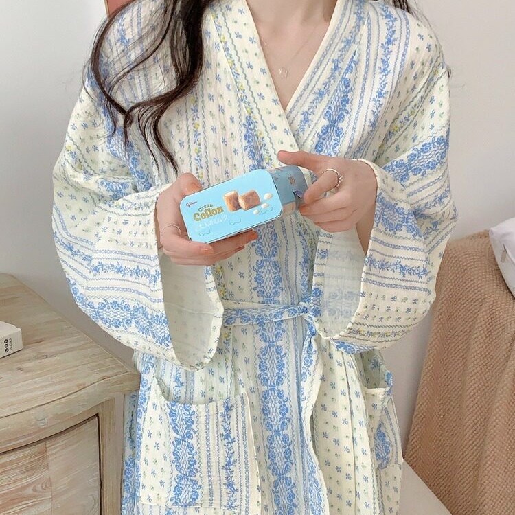 [Leemeoo] Daster Kimono Wanita Lengan Panjang Motif Bunga Vintage Biru Baju Tidur Dress Kimono Ikat 