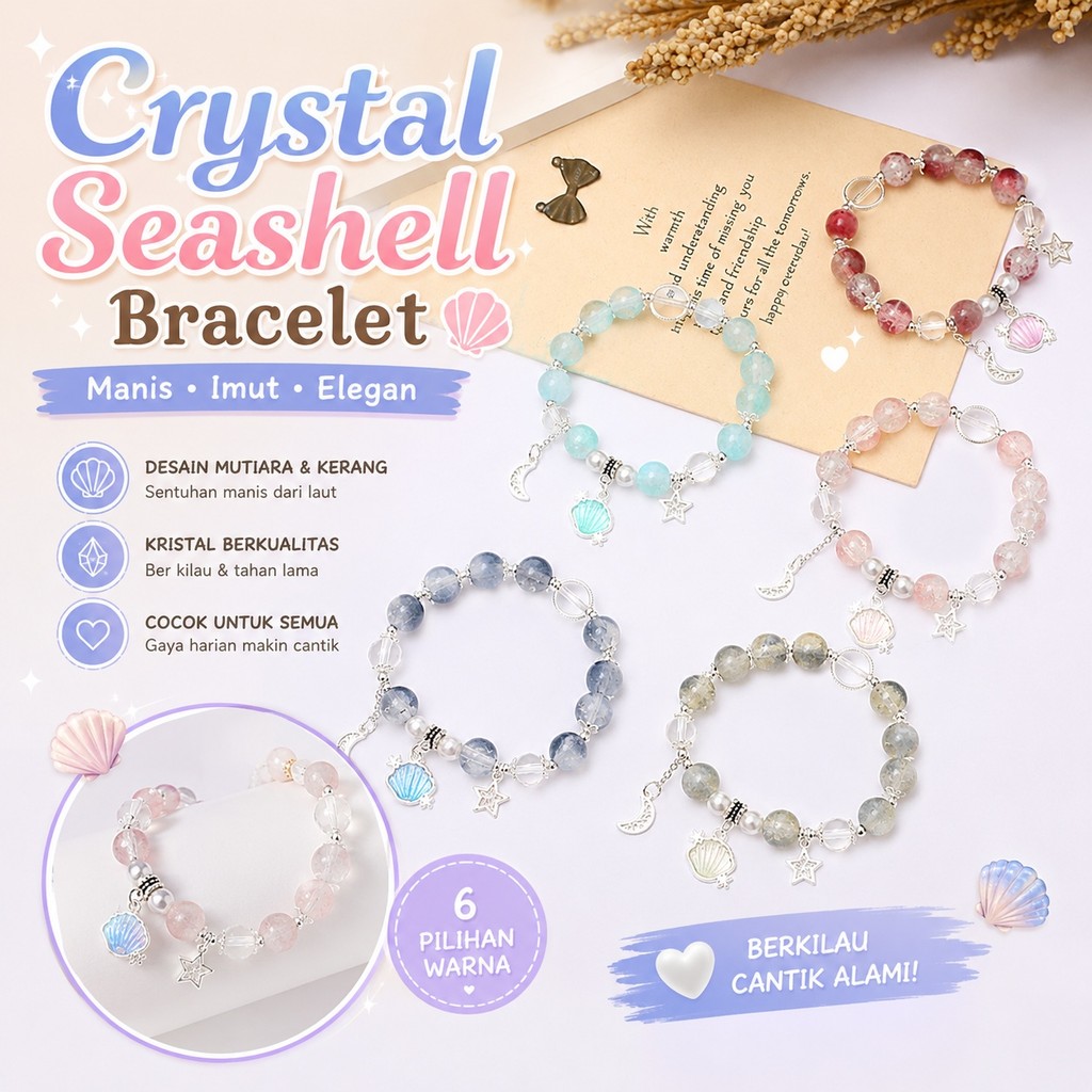 Gelang Kristal Kaca Kerang untuk Wanita, Gelang Manik Serbaguna & Hadiah Sempurna