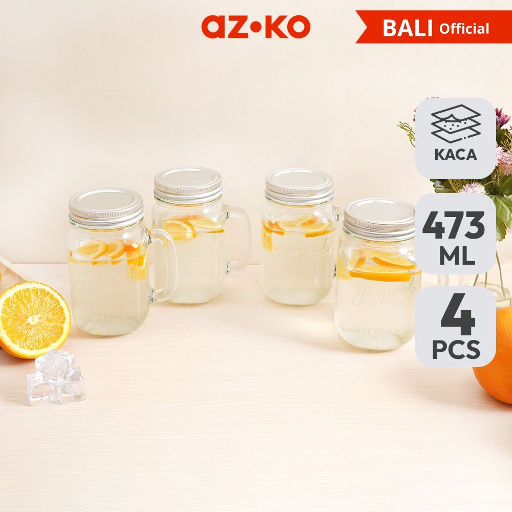 AZKO Culinart Mason Mug Jar Kaca Dengan Tutup 473 ml Set 4 Pcs Transparan Mason Jar Mug Kaca Gelas T