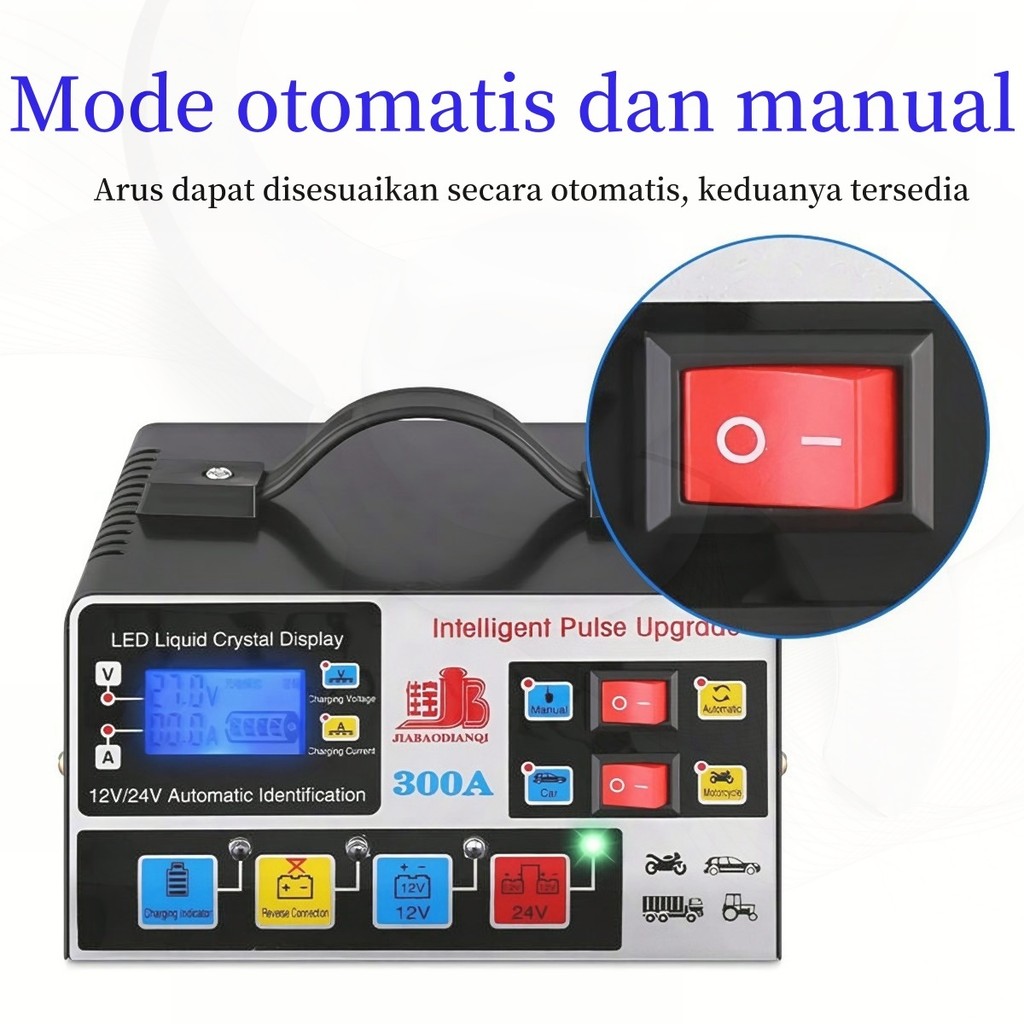 Charger Aki Mobil Cerdas Otomatis 12V/24V: Isi Daya Cepat & Aman, Perbaiki Aki Rusak, Daya Besar 400
