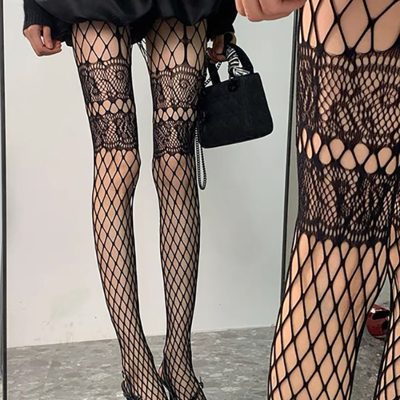 [Si Yun Ge] Stoking Jala Berongga Tipis Pantyhose Renda Retro Stoking Hitam Gaya Punk Gotik Kaus