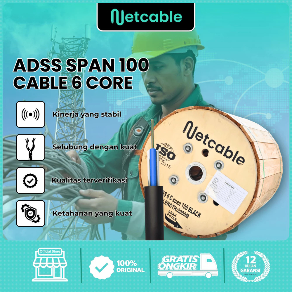 NETCABLE Kabel Fiber Optik FO ADSS 4 Core 6 Core 12 Core 24 Core panjang 2000M 2KM ORIGINAL