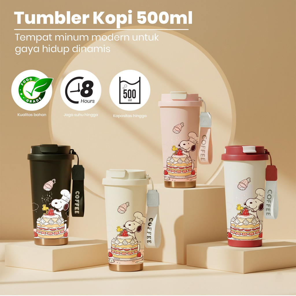 Tumbler Stainless Steel 316 Snoopy Kapasitas 500ml Dengan Desain Kue Bertumpuk, Lid Senada & Tag "CO