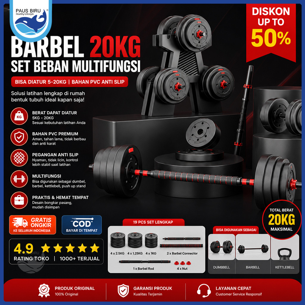 Paus Biru - Barbel Set 20kg Adjustable Dumbell Bisa Diatur 5-20kg Alat Olahraga di Rumah | Dumbbell 