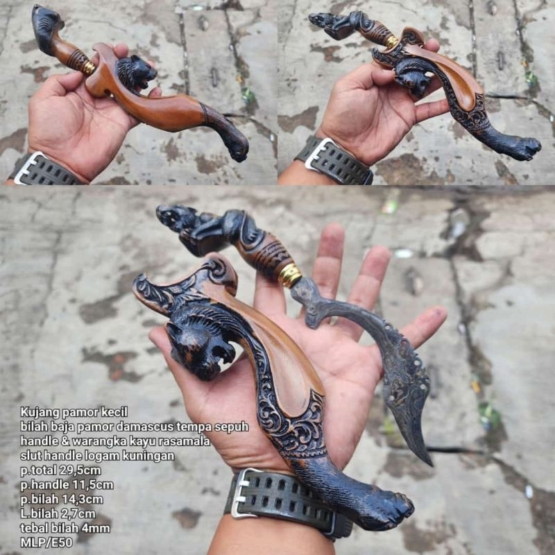 ZPS00034 Kujang Pamor Ukuran Mini Asli Bahan Damascus Khas Sunda Macan Siliwangi