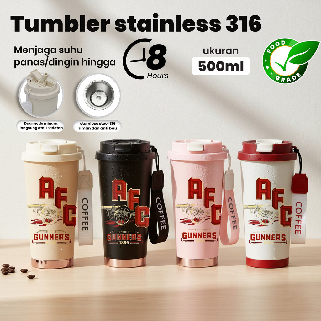 Tumbler Stainless Steel 316 Kapasitas 500ml AFC Gunners 1886 Food Grade Tahan Suhu Hingga 8 Jam Desa