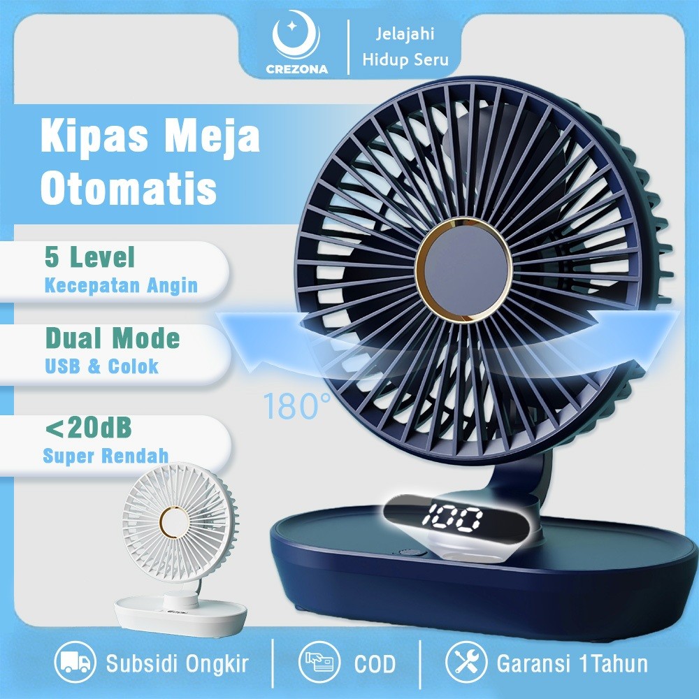 (Panca Aksesoris) CREZONA Kipas Meja Auto Rotasi 180° Portable USB Digital Angin 5 Speed Tahan 4-6 J