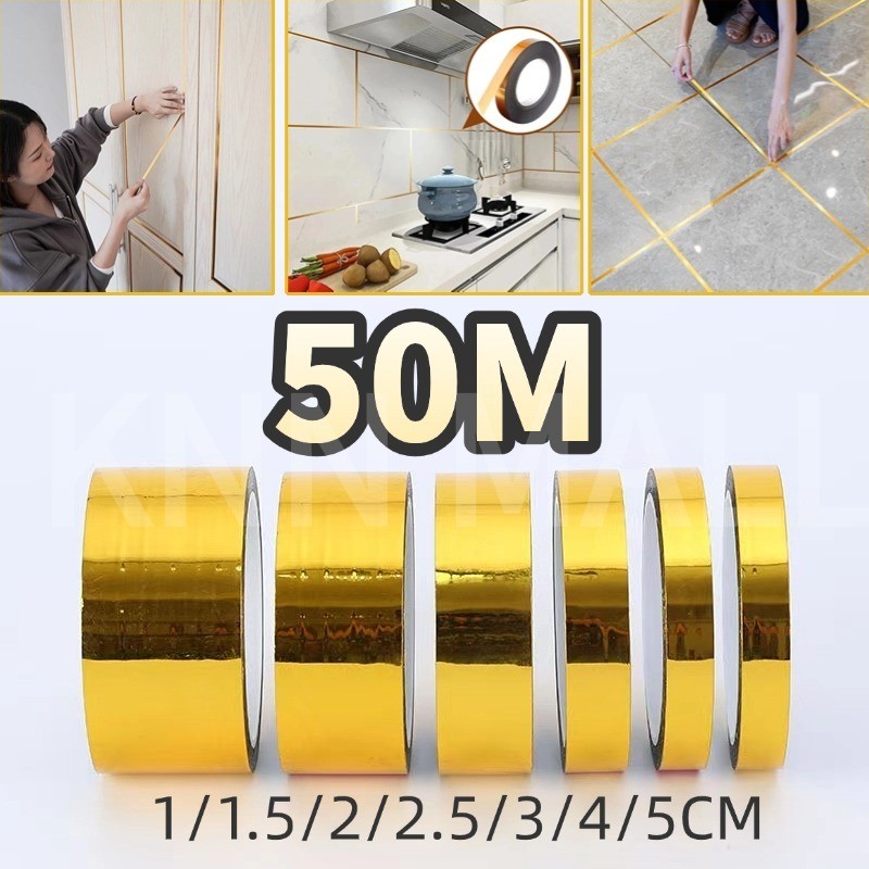 Sticker Dekorasi Gold 50M X 3cm - Gulungan Stiker Pembatas Keramik Untuk Lantai, Dinding, Lemari, Ta