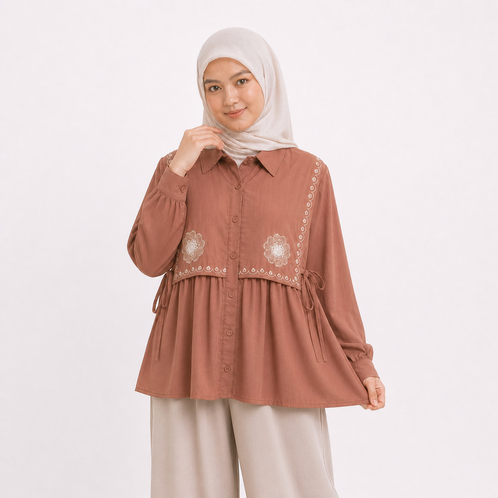 LAURA Blouse Bordir Motif Bunga - Atasan Rayon Twill Bordir Premium Flowers