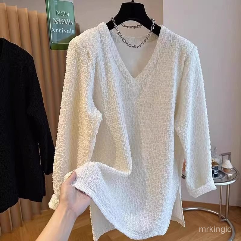 Atasan Pria Lengan Panjang Kerah V Putih - Kaos Casual Santai