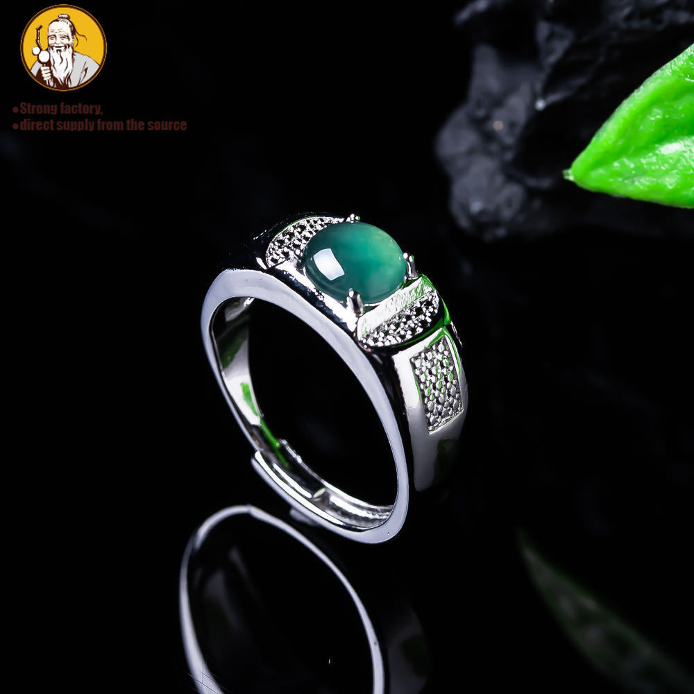 (dengan sertifikat) Cincin permukaan telur batu giok air biru es, cincin giok pria atmosfer biru es,