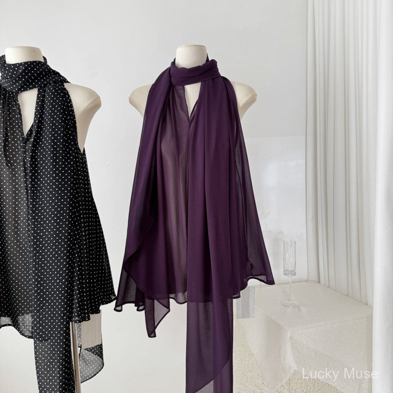 [Lucky Muse]Baju luar tanpa lengan berbahan sifon ungu dengan pita, atasan tembus pandang.