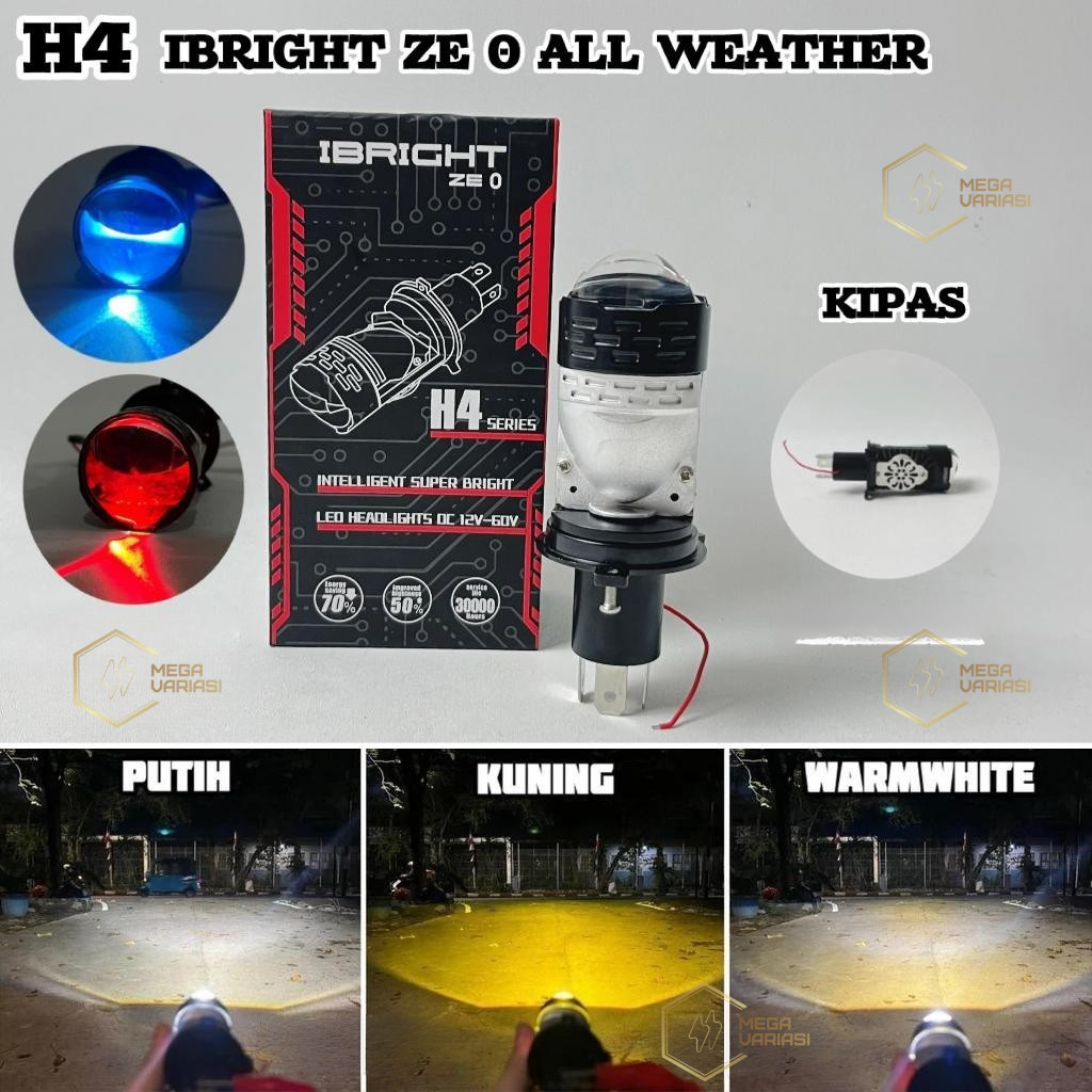 IBRIGHT ZE 0 & ZE 22 Lampu Utama H4 All Weather 3 Warna Bluelens Dengan Kipas Pendingin Dan Devil Ey