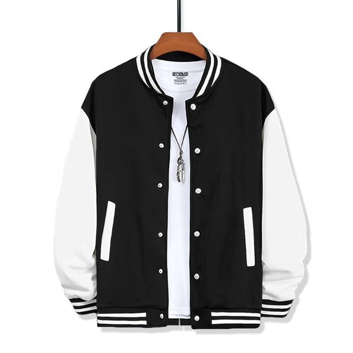 Reckblud - Jaket Varsity Baseball Kancing Polos Keren Unisex Biru Putih jaket  varsity - Hitam Putih
