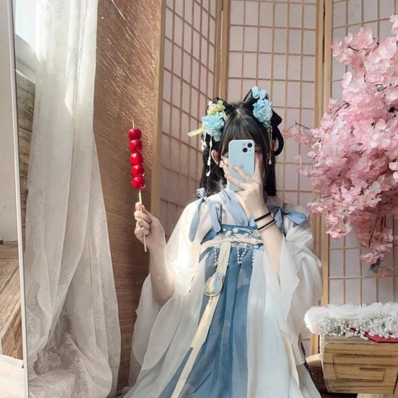 [JINXIU] Hanfu Gaya Cina Baru untuk Wanita Rok Panjang Dada Biru Giok Terbuat dari Dinasti Tang dan