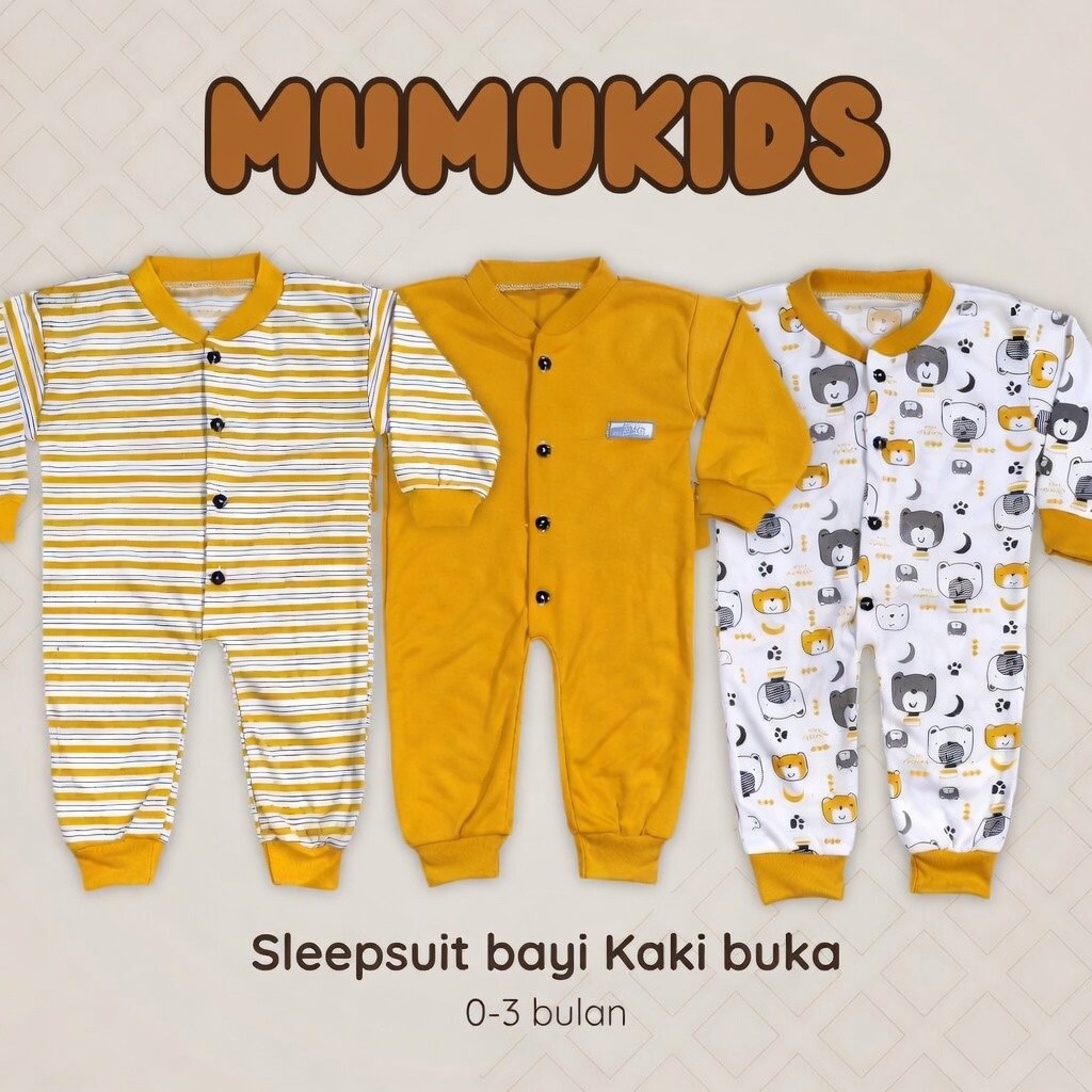 ISI 3 PCS Sleepsuit Bodysuit jumpsuit Baju Tidur Bayi 0-6 Bulan Varian buka warna kuning mustard
