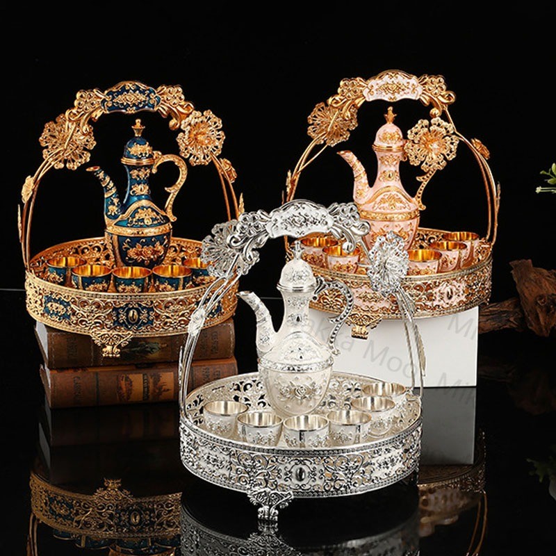 Teko dan Gelas Minuman/ gaya pengadilan  pot anggur anggur putih 8pcs Set GelasOrnamen Emas /Cangkir
