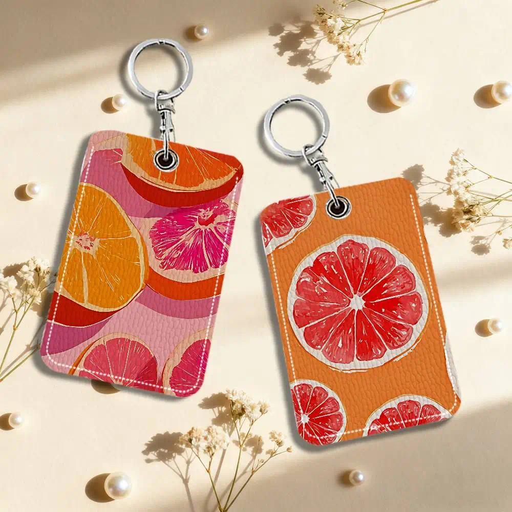 Fruit Orange Pattern Card Holder Leather Card Storage Box Key Chain Access Tag Holder ID Card Holder