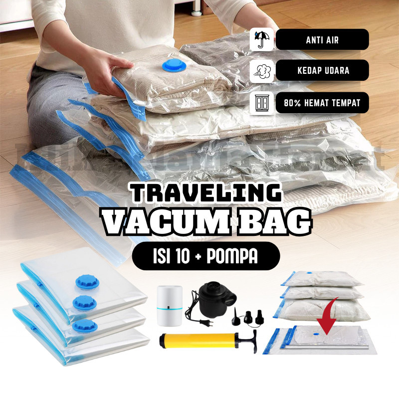 Bundle Hemat Vacum Bag 10pcs + 1 Pompa Angin Listrik| Vacum Pakaian Koper Hemat Ruang