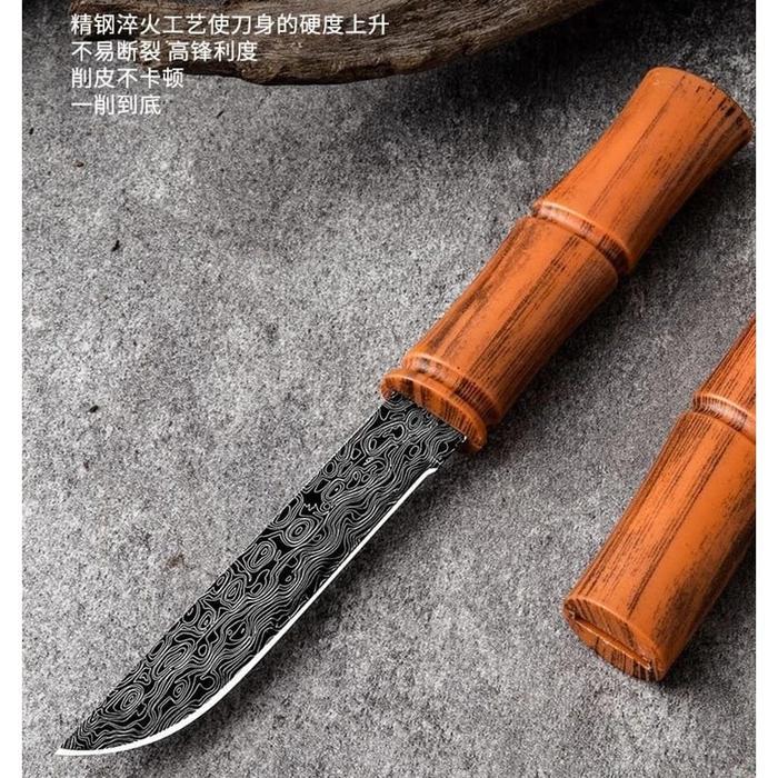Pisau Outdoor Multifungsi Baja Damascus Premium Gagang Kayu Bamboo Tajam Tahan Karat untuk Camping D