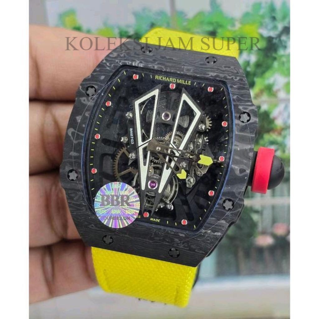 JAM TANGAN RM 27-03 SWISS BBR 43MM TOURBILLON YELLOW DIAL BLACK AUTOMATIC SWISS