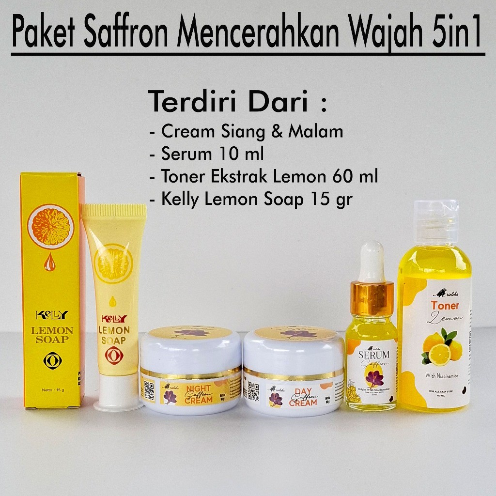 Paket Saffron Kelly Lemon Soap 15gr + Cream Siang Malam + Serum + Toner Ekstrak Lemon