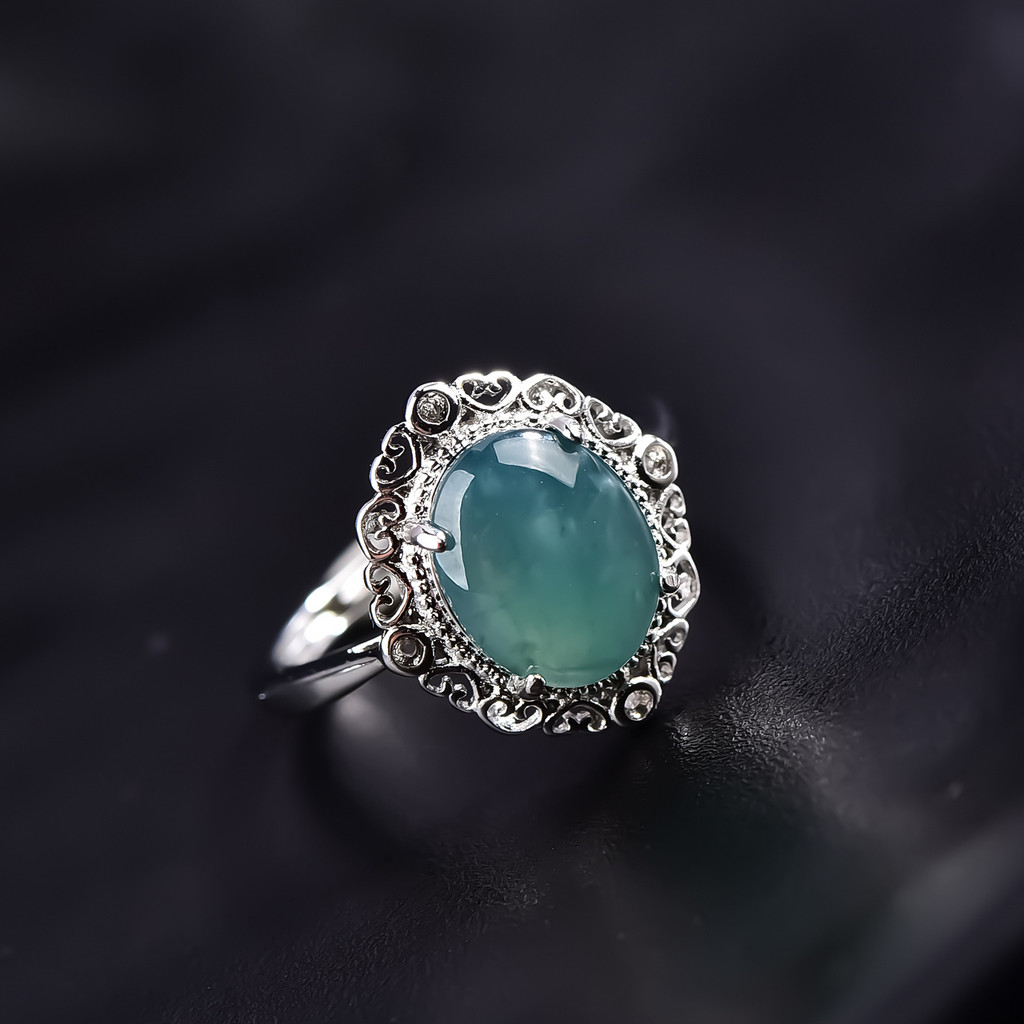 [Dengan Sertifikat]Batu giok alami, cincin permukaan telur main-main air biru, pengaturan perak, cin