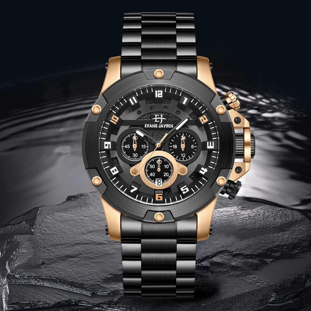 Evans Jayden Jam Tangan Pria 9838 Rantai Stainless Steel Kaca Sapphire Chronograph Water Resistant 1