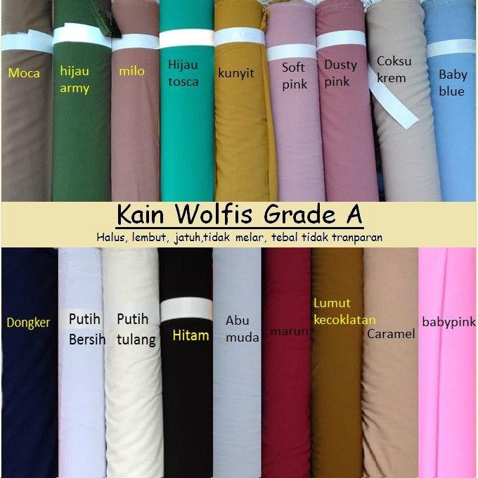[1meter] Kain Wolfis Grade A Meteran bahan baju gamis kurung pemda kerudung polos premium murah anti