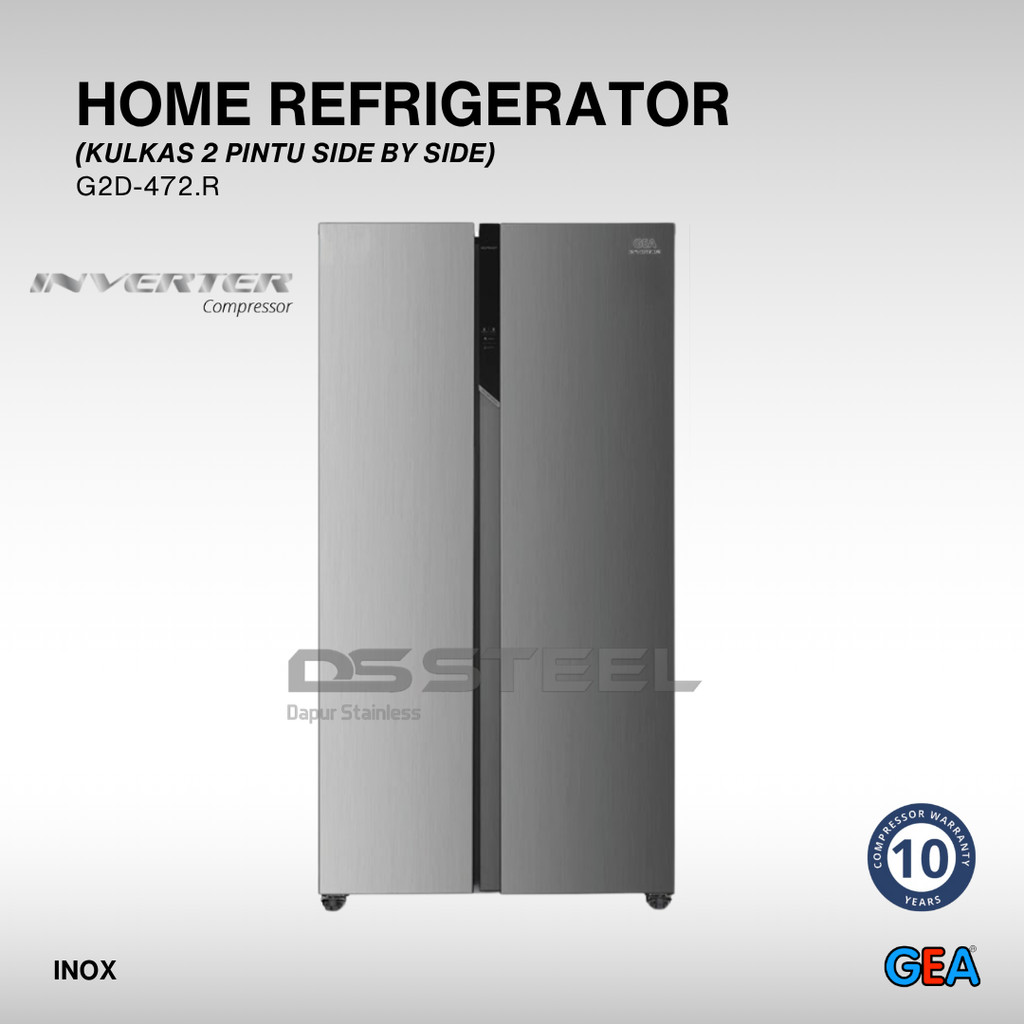 GEA Kulkas Side by Side GEA G2D-472.R Inox Inverter 2 Pintu 472L Hemat Listrik / Kulkas Rumah Tangga