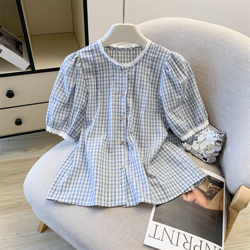 Blus Wanita Model Babydoll Lengan Pendek Slim-Fit dengan Hiasan Renda Vintage Prancis