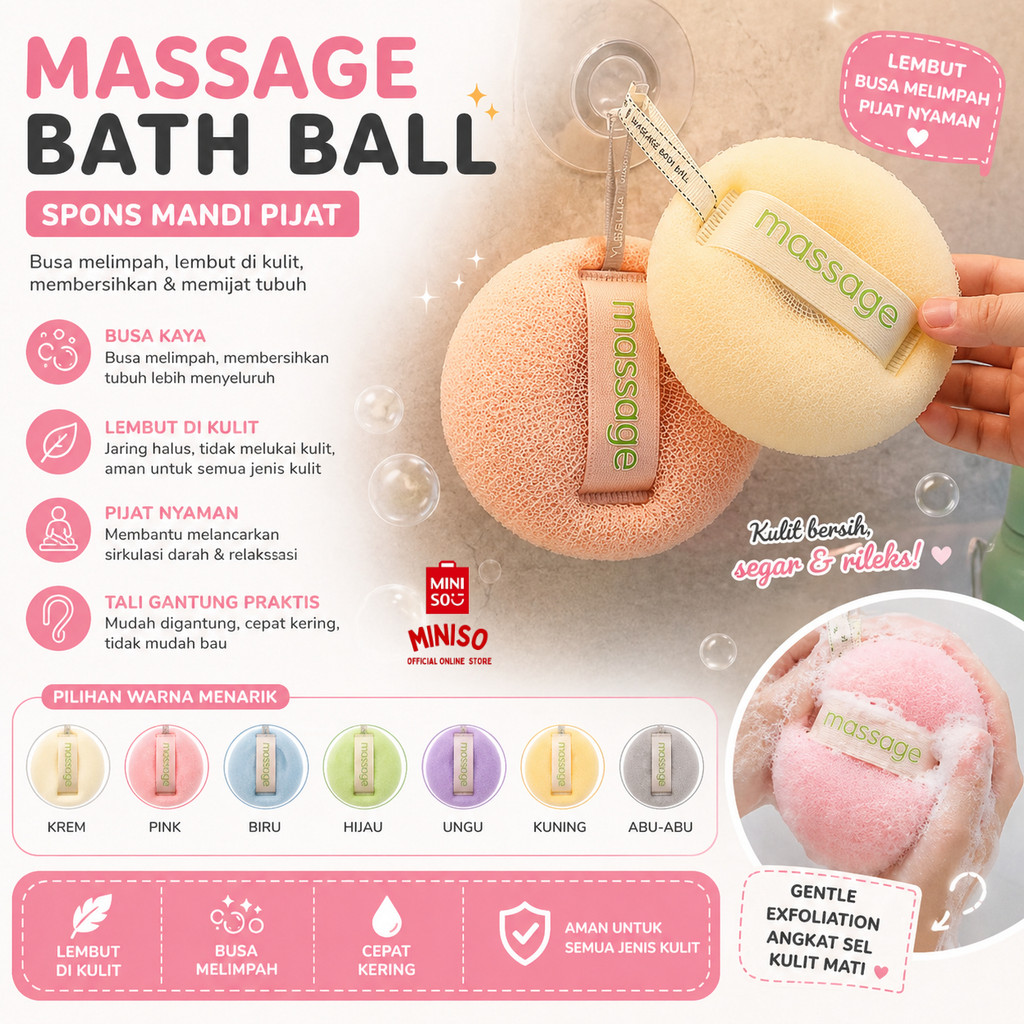 MINISO BALI | Spons Mandi Donat / Bundar Lembut | Bath Sponge Wangi Praktis | Busa Mandi Tebal Halus