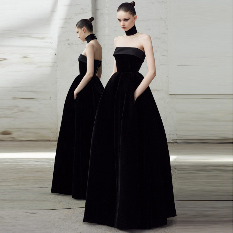 24-20911 Gaun Pesta Wanita. Women's Black Tube Top High-End Long Banquet Evening Dress