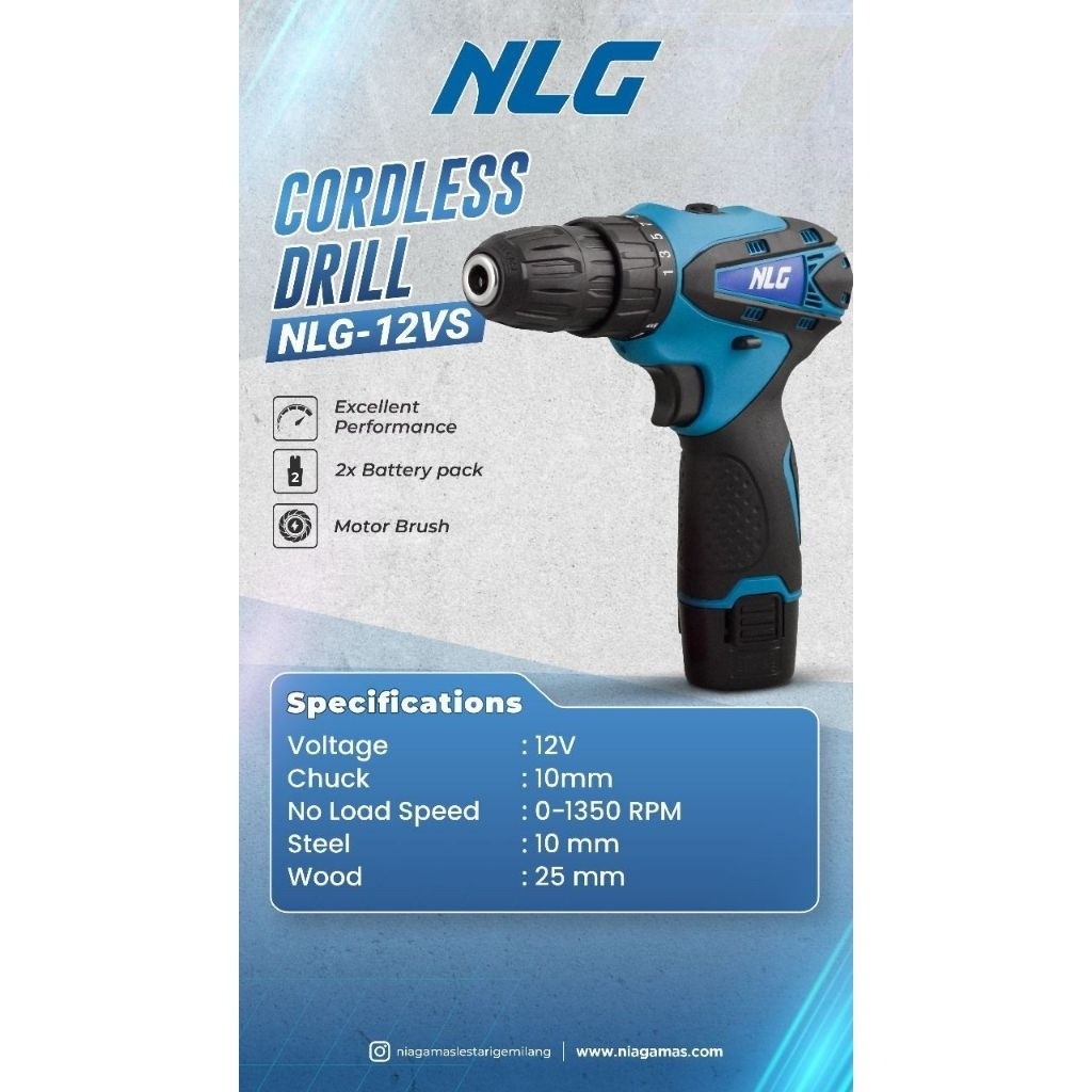 NLG Cordless Drill 10m NLG-12vs Bor Baterai 10mm 12volt
