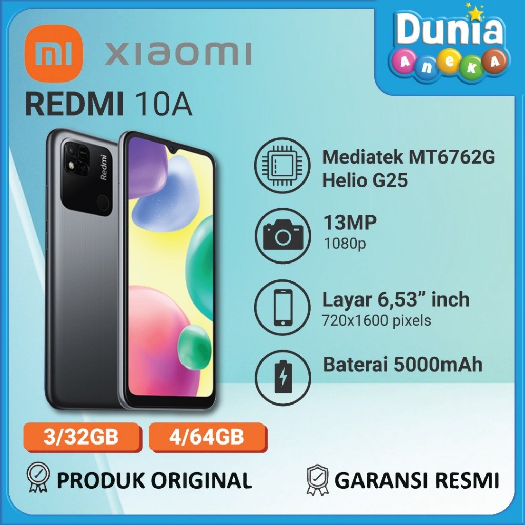 HP Xiaomi Redmi 10A RAM 3GB/ROM 32GB - Layar 6.53" - Baterai 5000mAh - BONUS Kabel Data ACMIC Braide