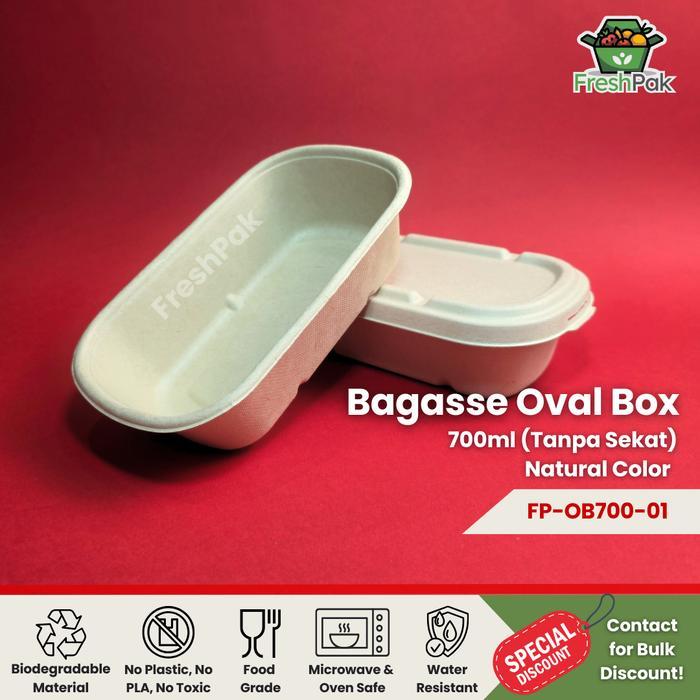 [50 Pcs] FreshPak Bagasse Oval Box 700 ml Sugarcane Eco Friendly Packaging - Bagasse