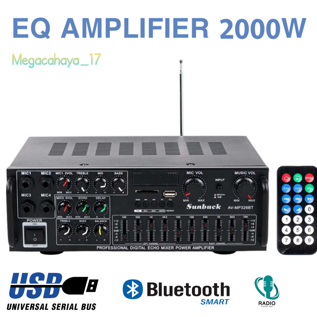 POWER AMPLIFIER 2000 WATT EQ BLUETOOTH AUDIO AMPLIFIER HOME THEATER 2000W SUNBUCK AV MP362Bt
