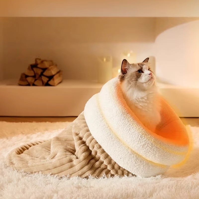 Warming Plush Cat Sleeping Bag: Enclosed Snuggle Sack with Burrow Entry for Winter - Cozy Fuzz Sleep